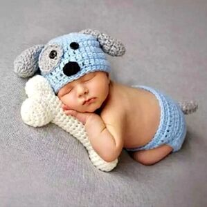 Newborn Dog Outfit Crochet Baby Girl Boy Infant Photo Prop Hat + Shorts + Bone